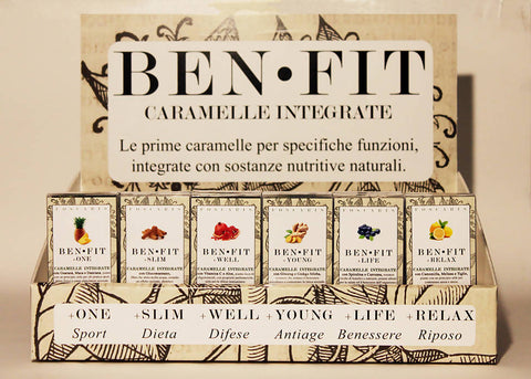 CARAMELLE IDEALI PER SPORT, DIETA, DIFESE, ANTIAGE, BENESSERE E RELAX; ESPOSITORE COMPLETO