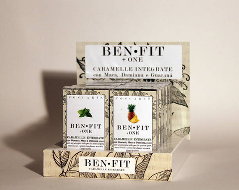 CARAMELLE IDEALI PER LO SPORT, espositore da banco BENFIT +ONE
